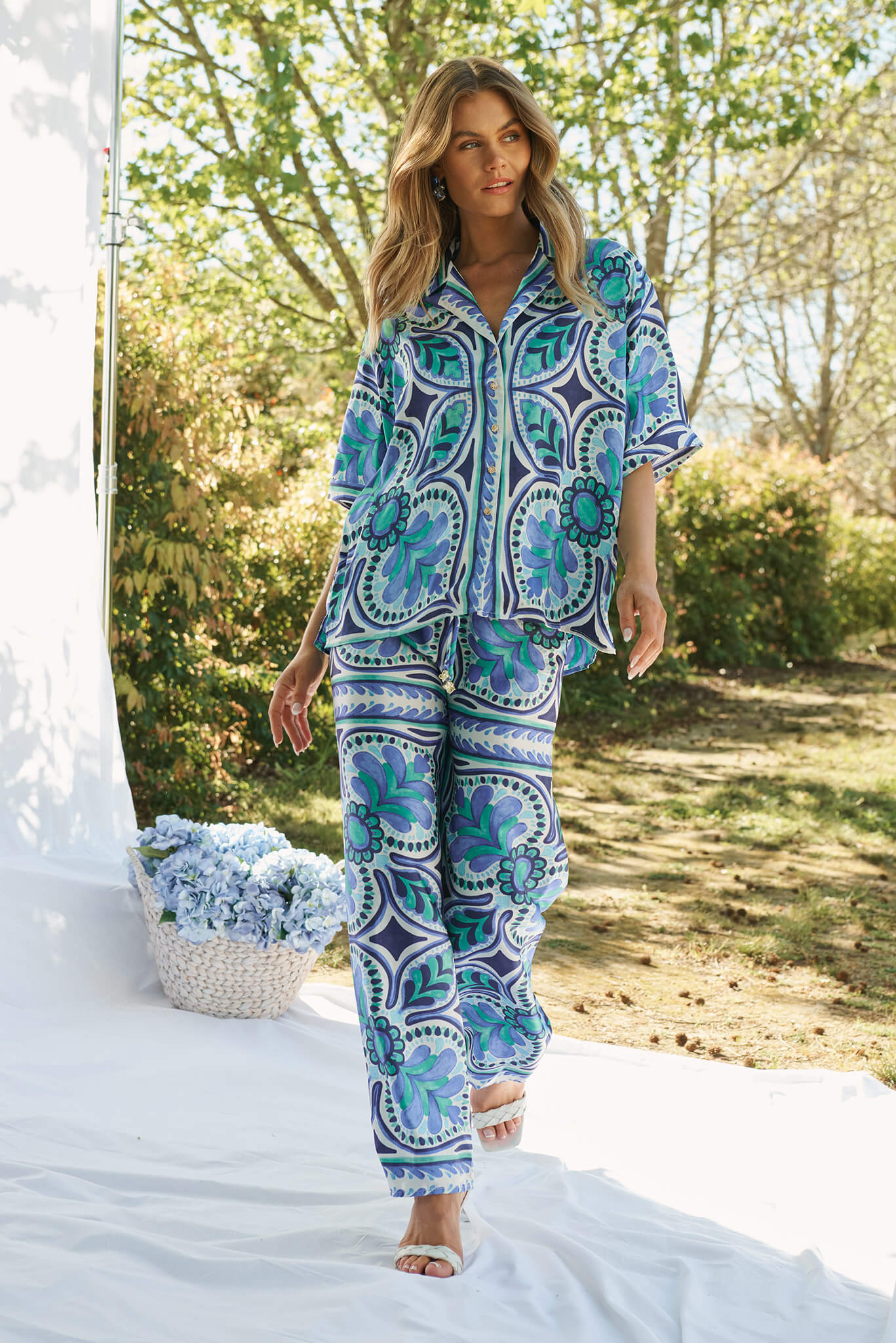 Prescott Shirt In Blue And Green Tile Print