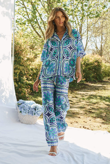 Prescott Shirt In Blue And Green Tile Print