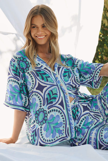 Prescott Shirt In Blue And Green Tile Print