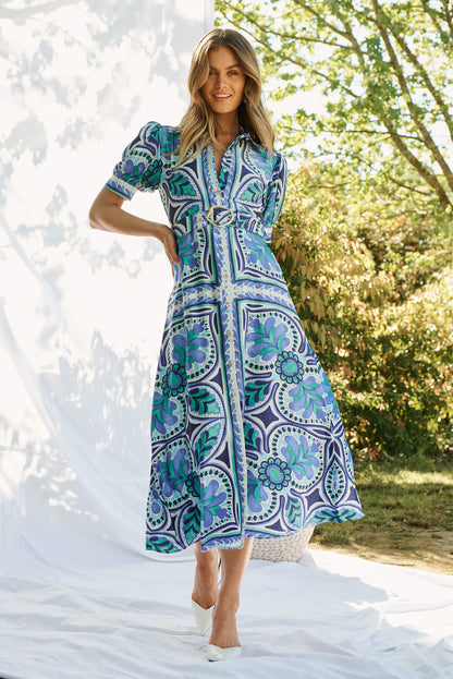 PRE ORDER Halswell Maxi Shirt Dress In Blue And Green Tile Print