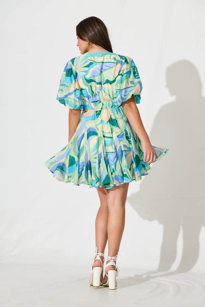 Adalynn Dress in Blue with Green Print