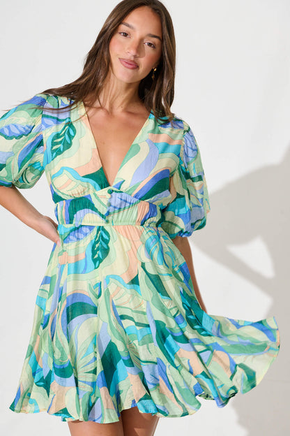 Adalynn Dress in Blue with Green Print