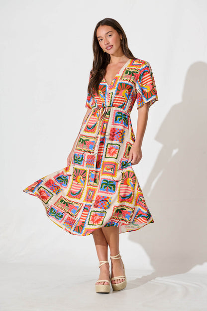 PRE ORDER Melody Midi Dress In Bright Multi Postcard Print