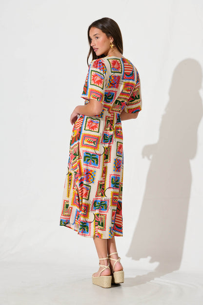 PRE ORDER Melody Midi Dress In Bright Multi Postcard Print