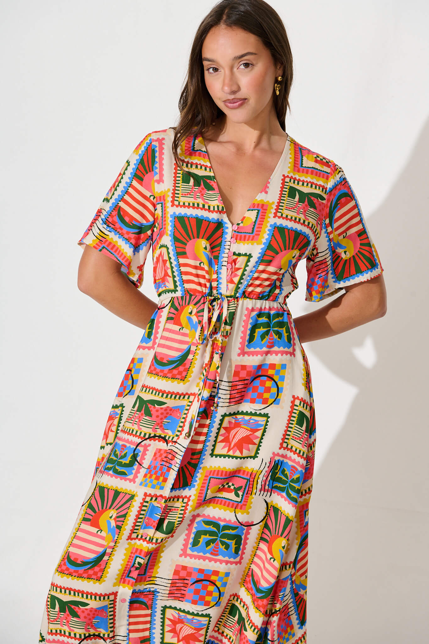 PRE ORDER Melody Midi Dress In Bright Multi Postcard Print