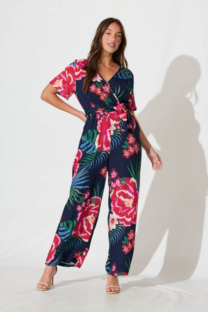 Calliope Jumpsuit In Navy With Red Floral Print