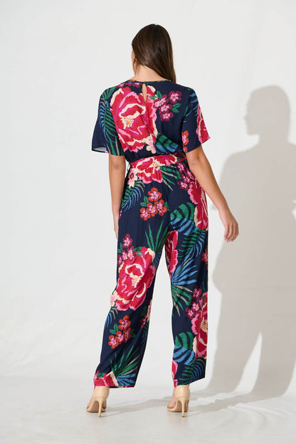 Calliope Jumpsuit In Navy With Red Floral Print
