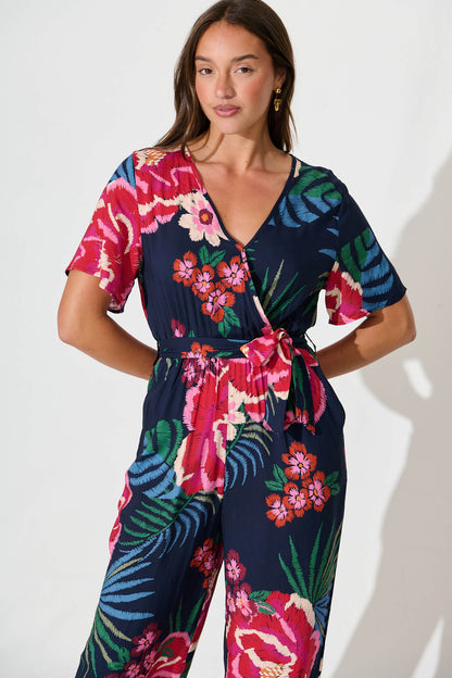 Calliope Jumpsuit In Navy With Red Floral Print