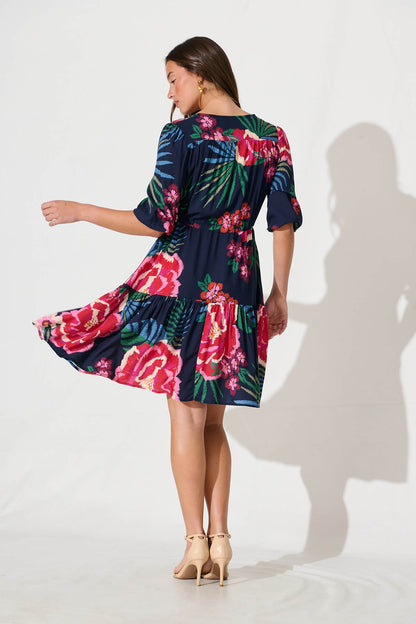 Apollo Dress In Navy With Red Floral Print