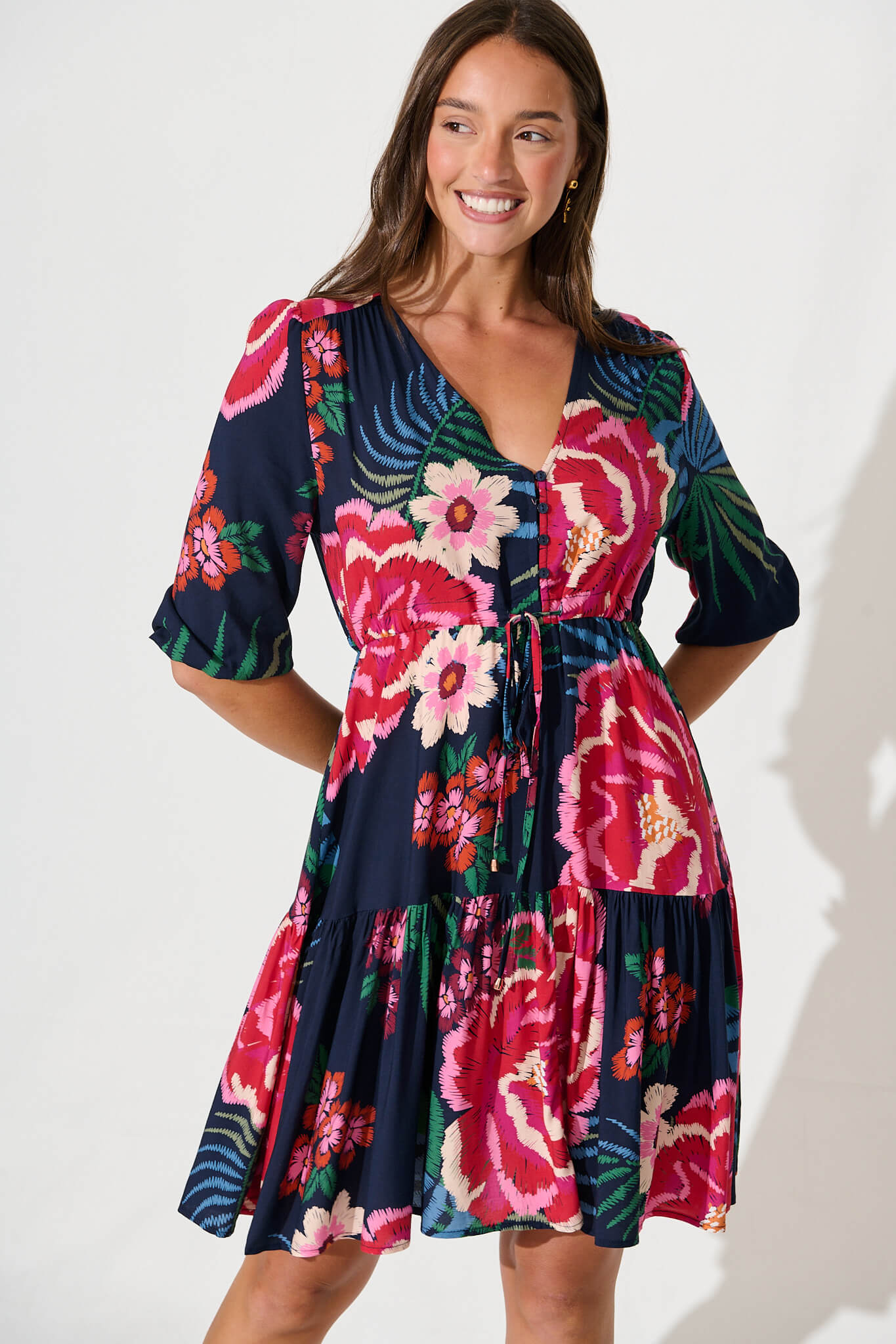 Apollo Dress In Navy With Red Floral Print
