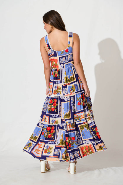 Jenelle Maxi Sundress in Blue Multi Postcard Print