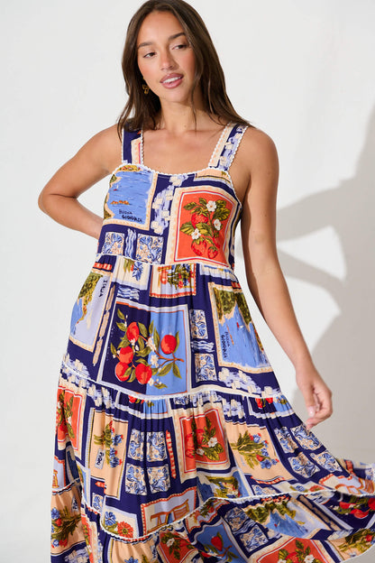 Jenelle Maxi Sundress in Blue Multi Postcard Print