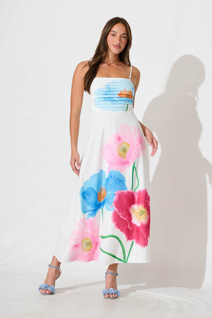 Tropicalia Maxi Sundress In White With Multi Floral Print