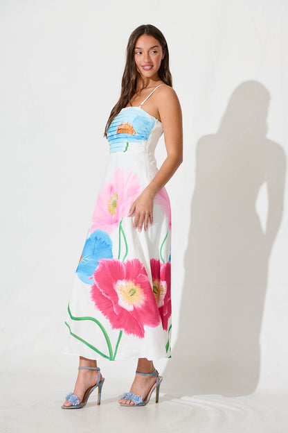 Tropicalia Maxi Sundress In White With Multi Floral Print