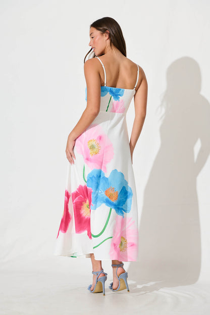 Tropicalia Maxi Sundress In White With Multi Floral Print