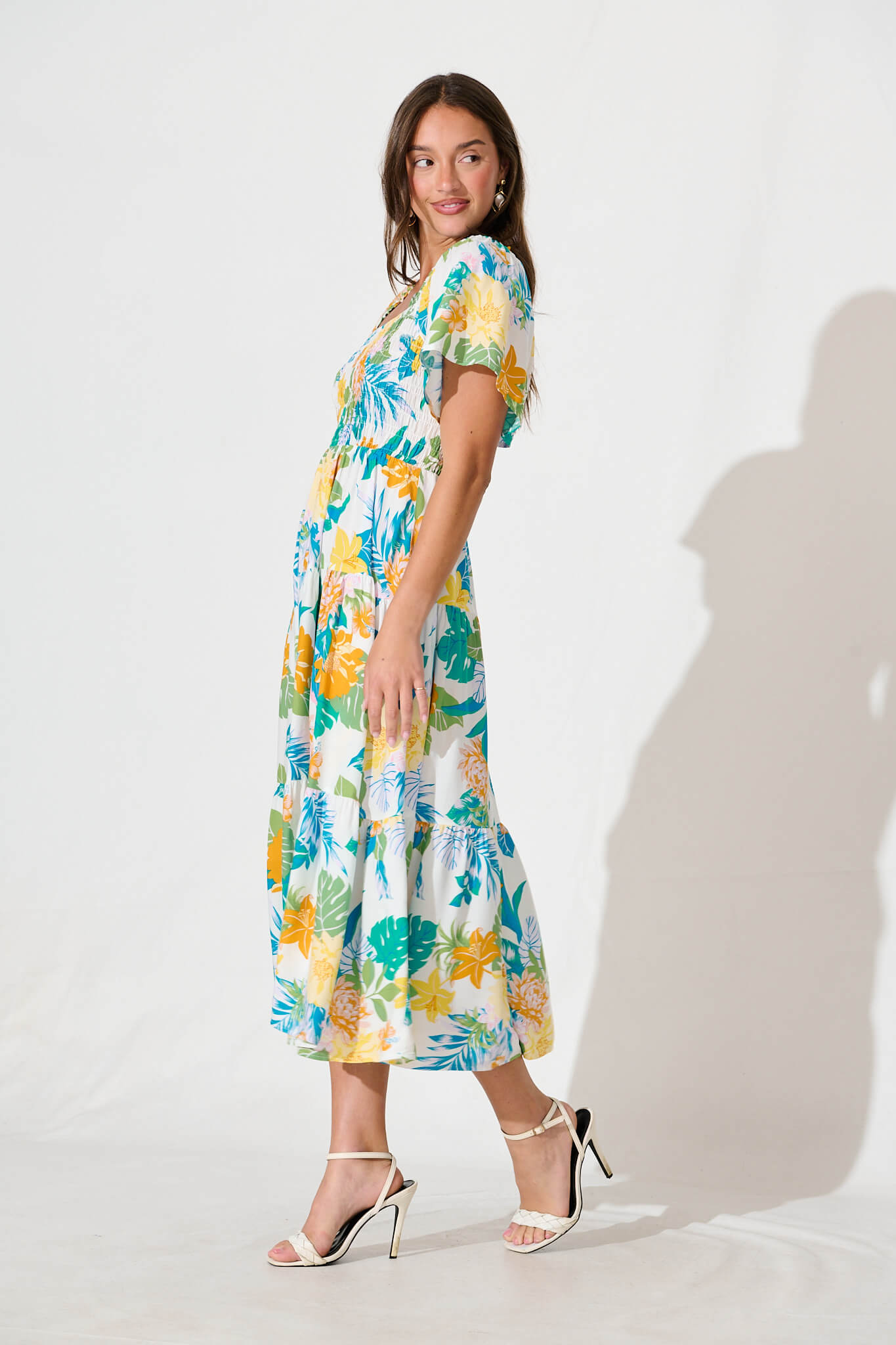 Jessica Midi Dress in Blue and Green Leaf Print