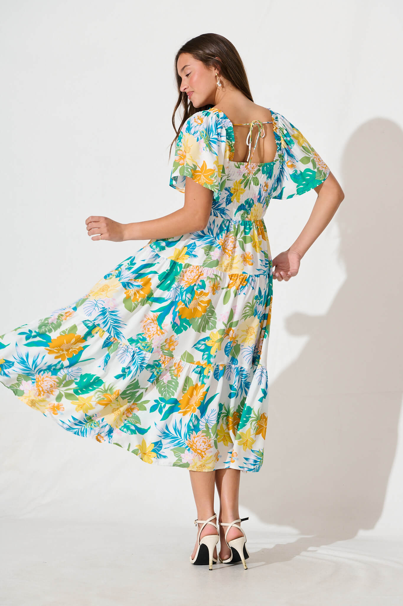 Jessica Midi Dress in Blue and Green Leaf Print