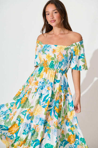 Jessica Midi Dress in Blue and Green Leaf Print