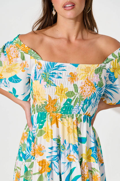 Jessica Midi Dress in Blue and Green Leaf Print