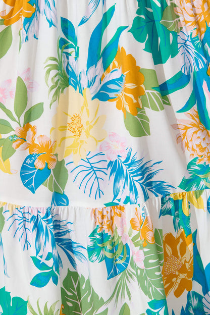 Jessica Midi Dress in Blue and Green Leaf Print