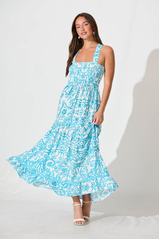 Emani Maxi Dress in Blue Print