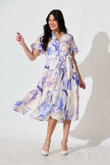 Lavani Midi Shirt Dress in Blue Multi Cotton Blend