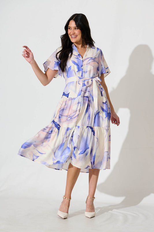 Lavani Midi Shirt Dress in Blue Multi Cotton Blend