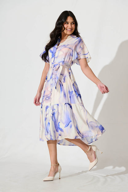 Lavani Midi Shirt Dress in Blue Multi Cotton Blend