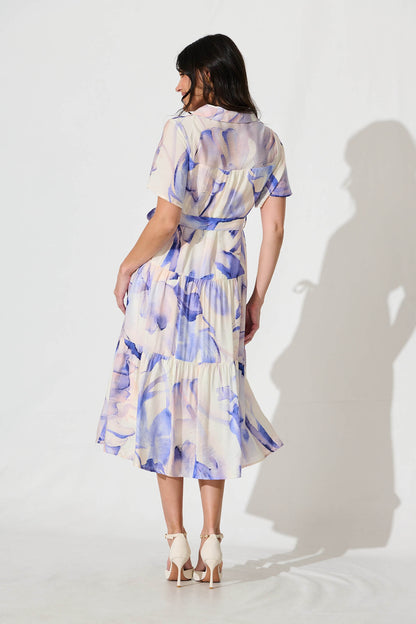 Lavani Midi Shirt Dress in Blue Multi Cotton Blend