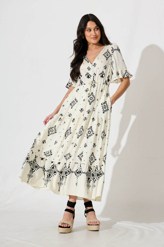 Valya Maxi Dress In Cream with Black Print Linen Blend