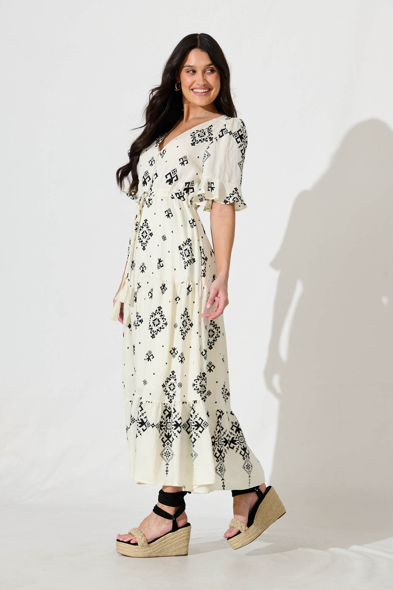 Valya Maxi Dress In Cream with Black Print Linen Blend