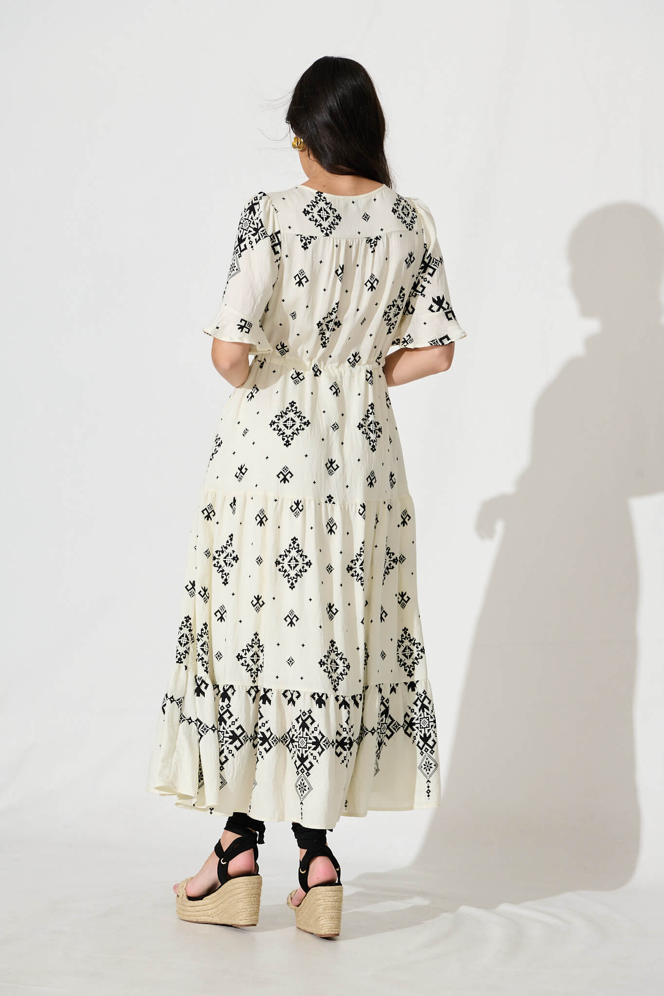 Valya Maxi Dress In Cream with Black Print Linen Blend