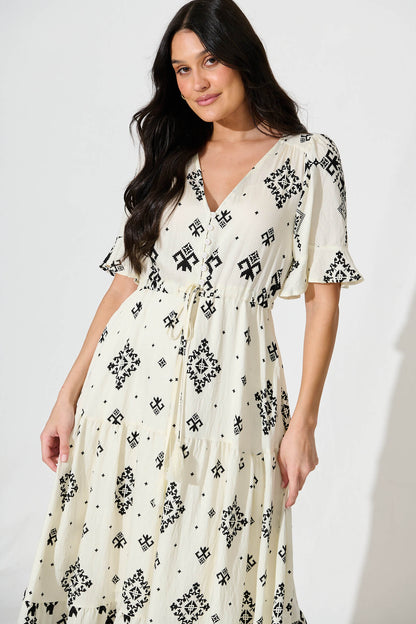 Valya Maxi Dress In Cream with Black Print Linen Blend
