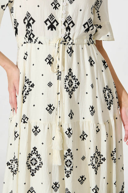 Valya Maxi Dress In Cream with Black Print Linen Blend