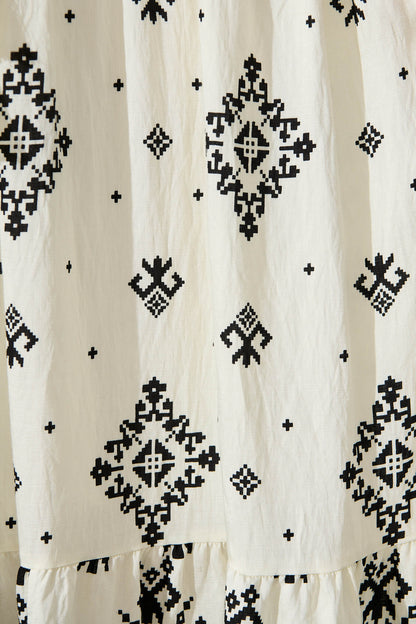 Valya Maxi Dress In Cream with Black Print Linen Blend