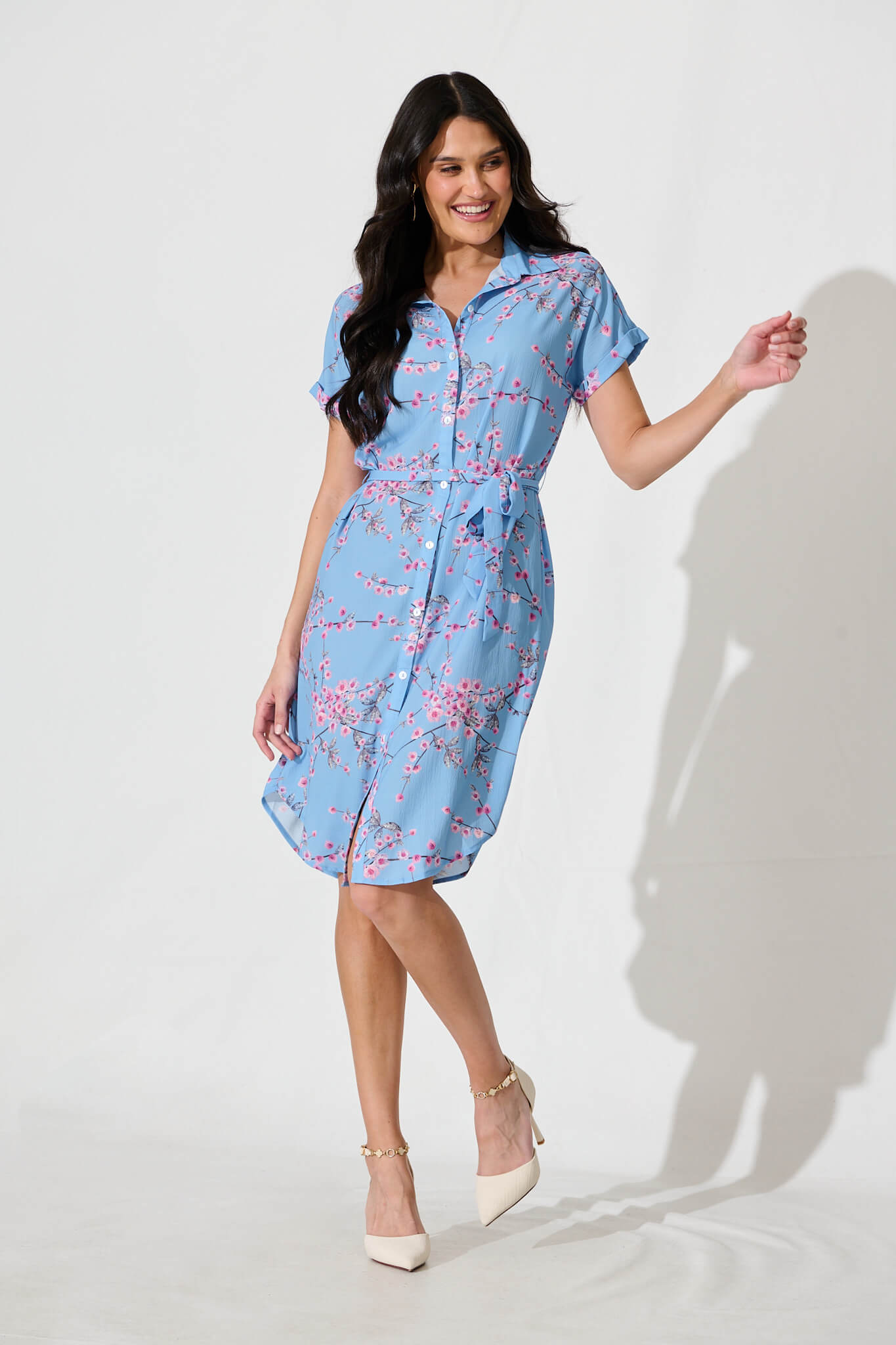 Maddison Shirt Dress In Pale Blue With Pink Cherry Blossom