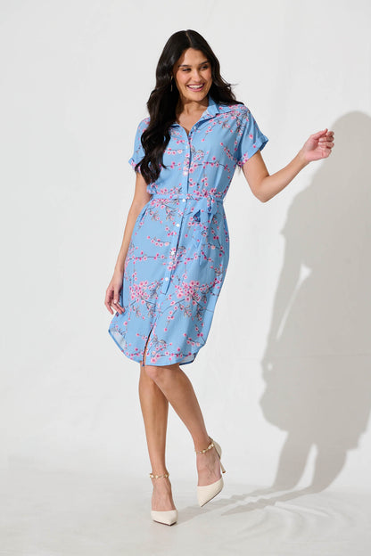 Maddison Shirt Dress In Pale Blue With Pink Cherry Blossom