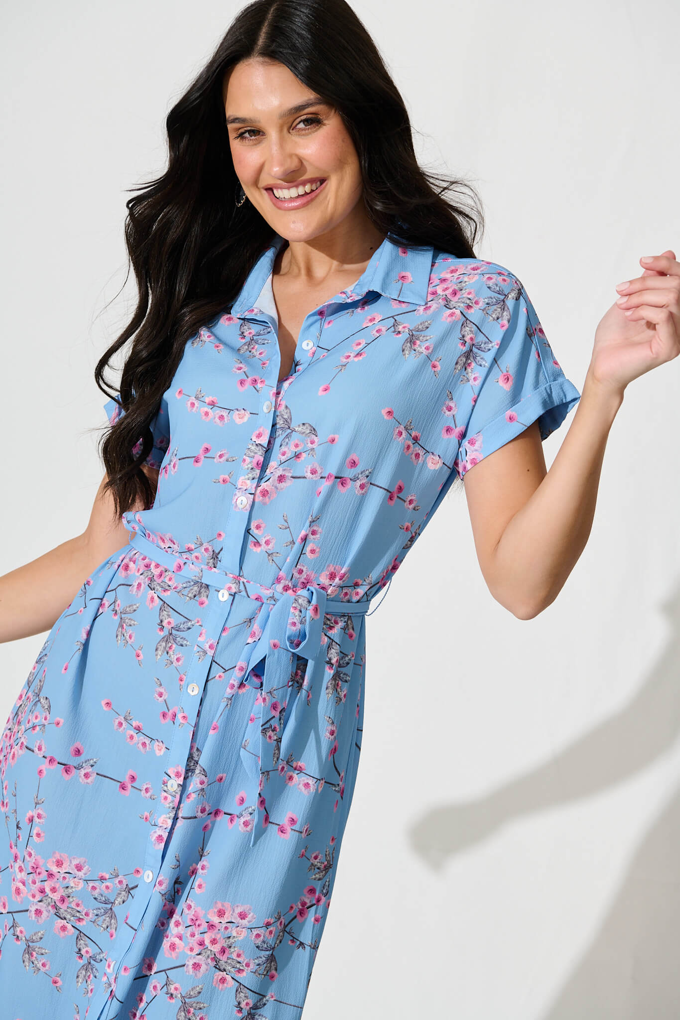 Maddison Shirt Dress In Pale Blue With Pink Cherry Blossom