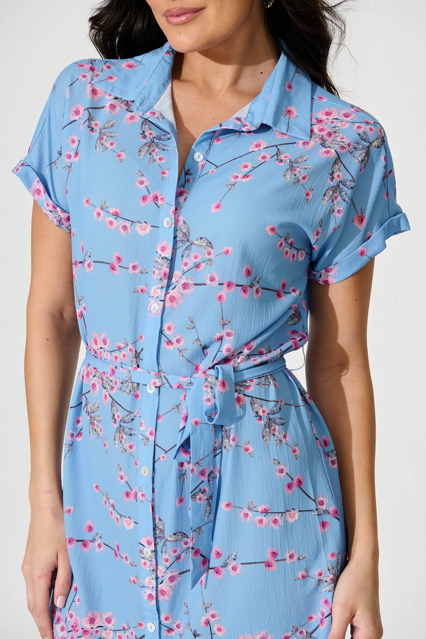 Maddison Shirt Dress In Pale Blue With Pink Cherry Blossom