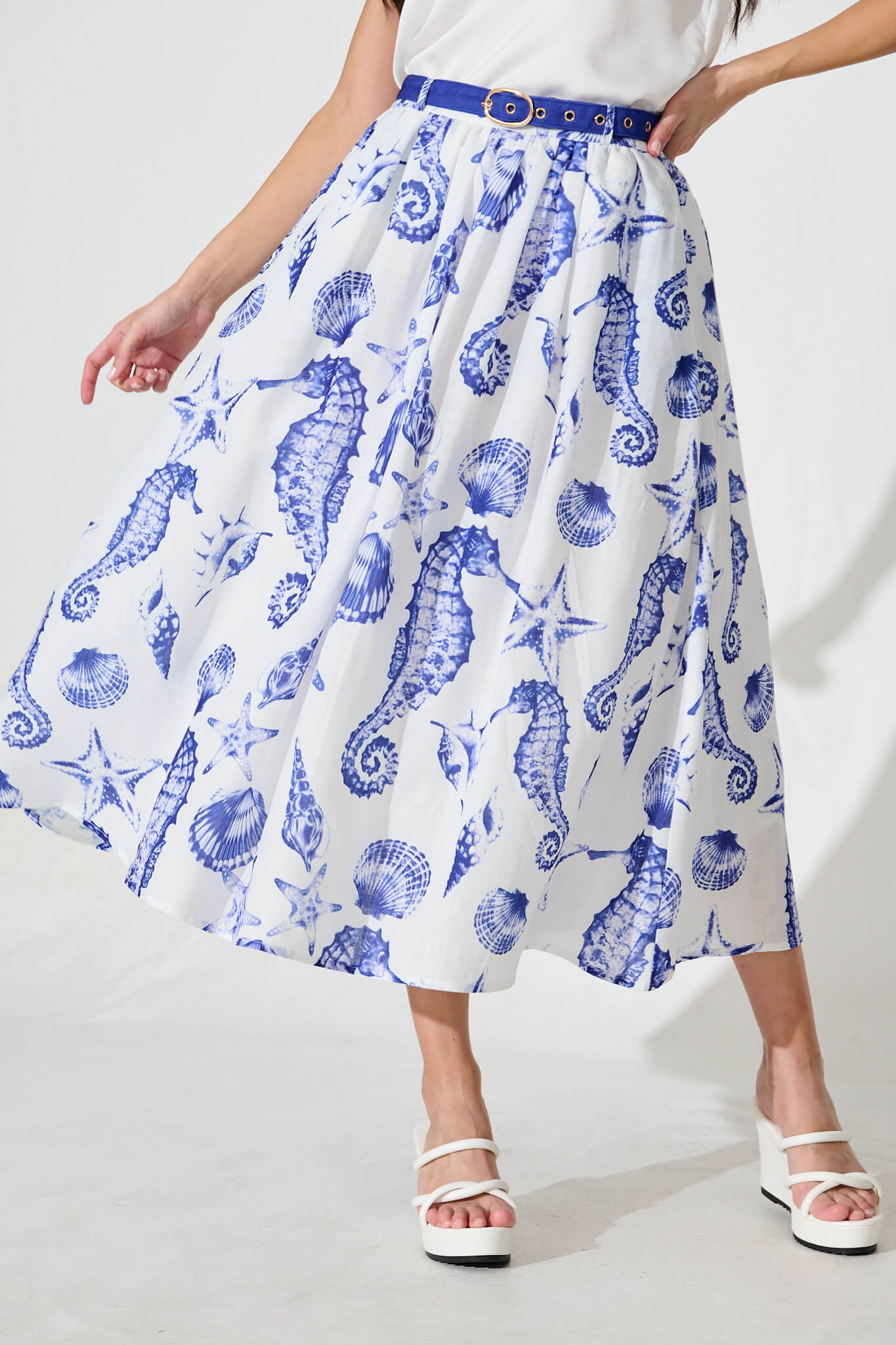 Hestia Midi Skirt in White with Blue Print Linen Blend