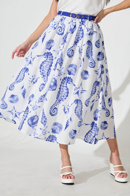 Hestia Midi Skirt in White with Blue Print Linen Blend