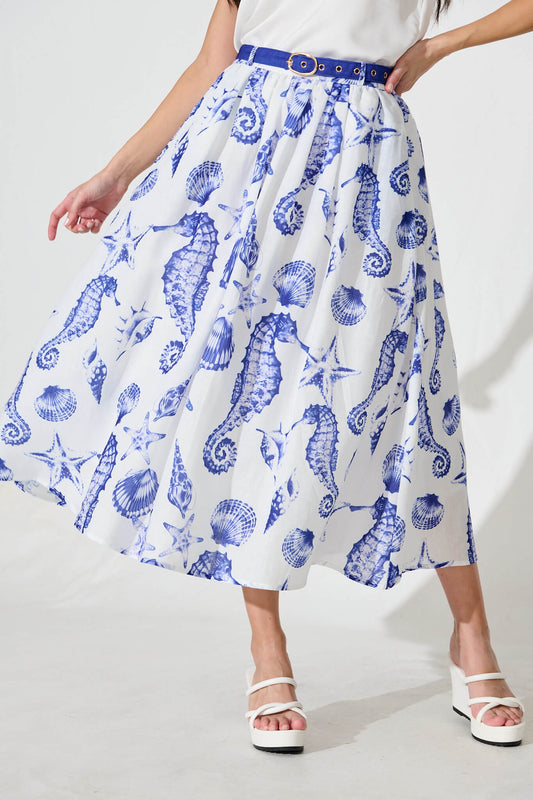 Hestia Midi Skirt in White with Blue Print Linen Blend