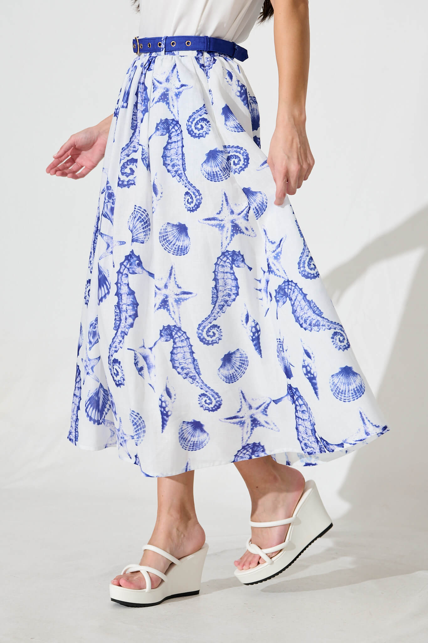 Hestia Midi Skirt in White with Blue Print Linen Blend
