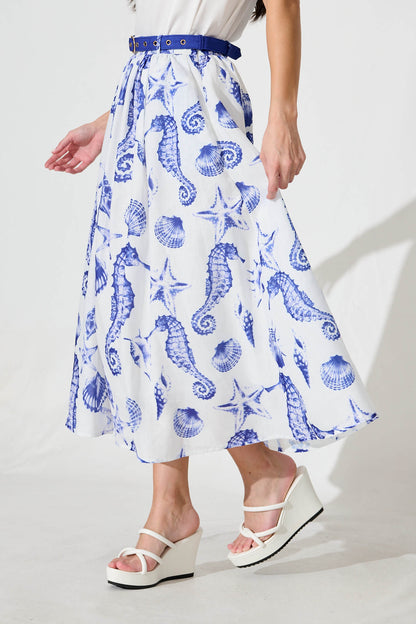 Hestia Midi Skirt in White with Blue Print Linen Blend