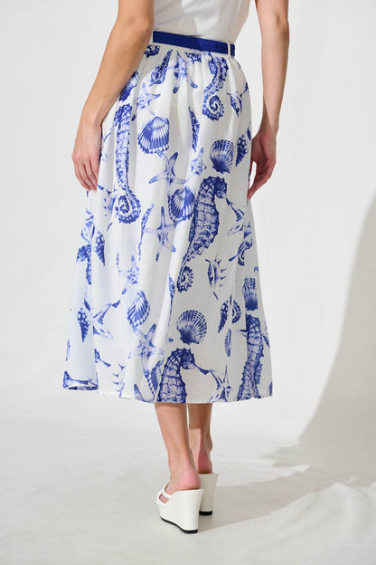 Hestia Midi Skirt in White with Blue Print Linen Blend