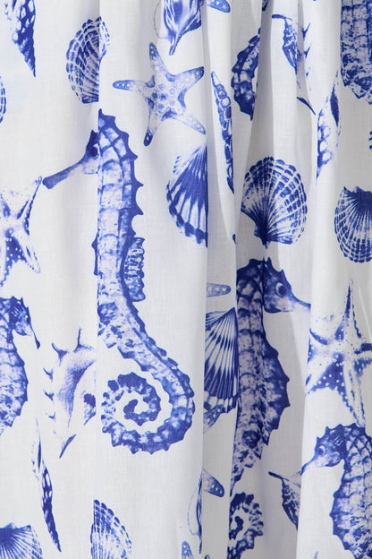 Hestia Midi Skirt in White with Blue Print Linen Blend