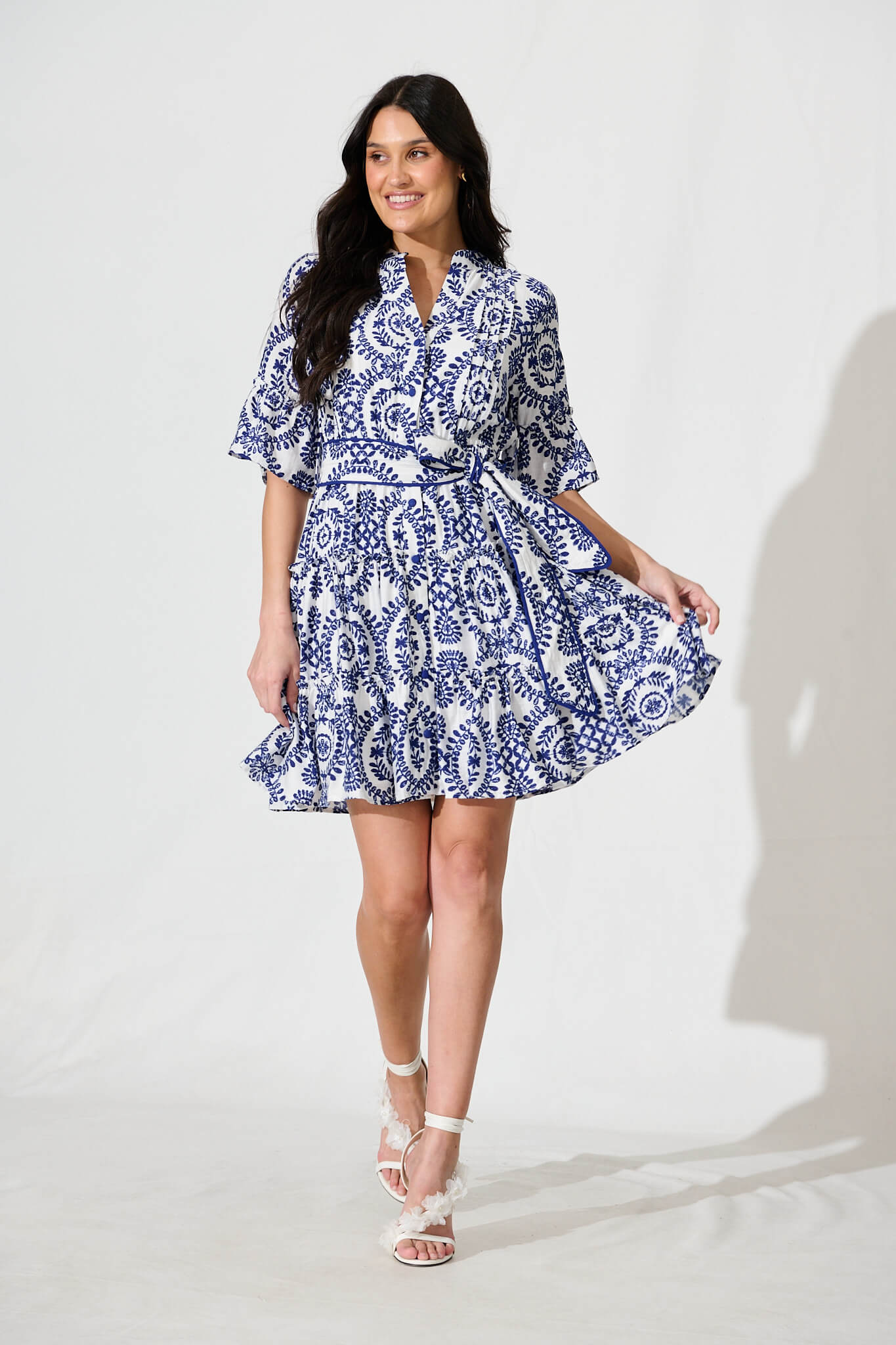 Elio Dress in White with Navy Floral Print