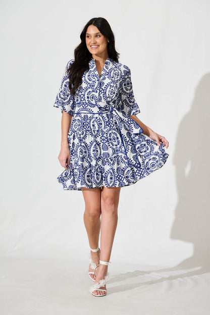 Elio Dress in White with Navy Floral Print