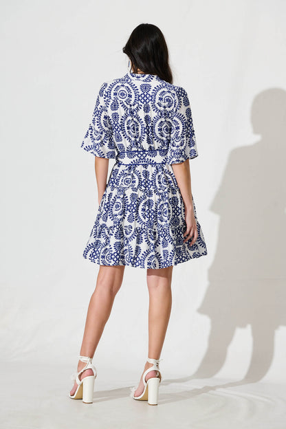 Elio Dress in White with Navy Floral Print