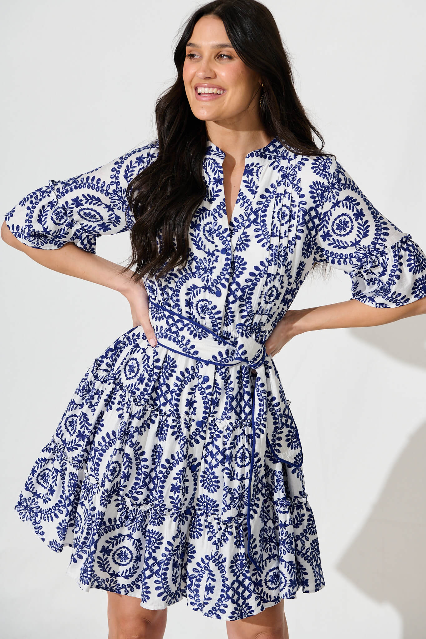Elio Dress in White with Navy Floral Print
